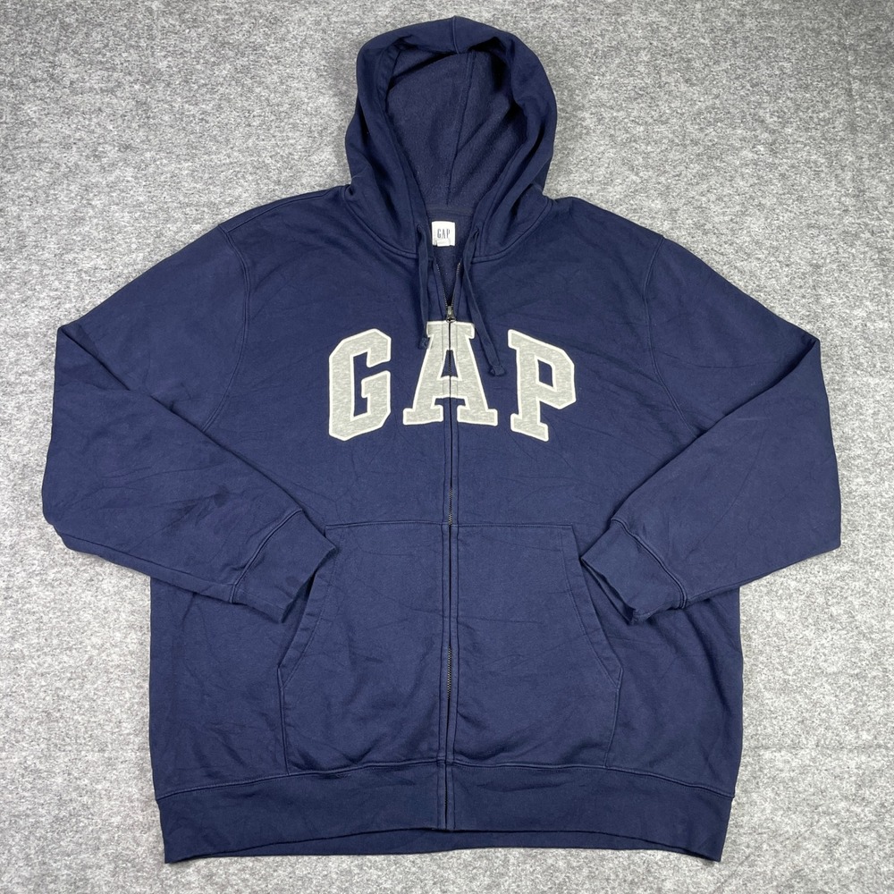 Gap Hoodie Mens XXL Navy Blue Arch Applique Full Zip Fleece Sweatshirt Tapestry